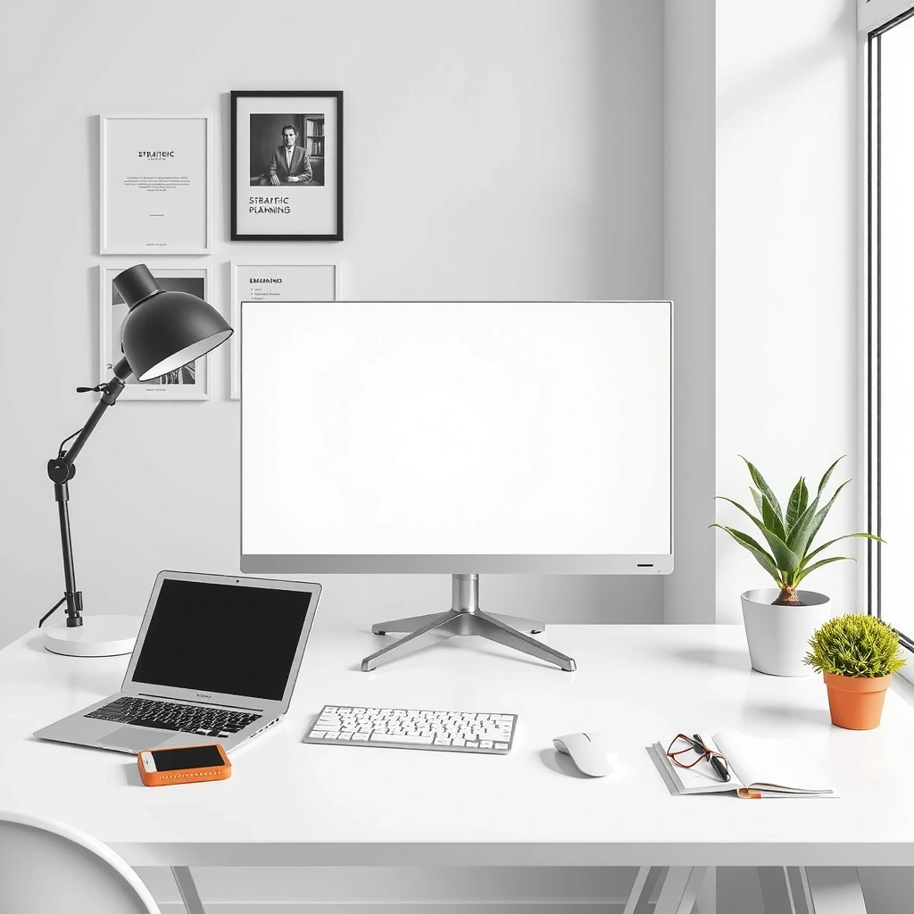 Clean workspace with strategic planning materials and minimal design elements