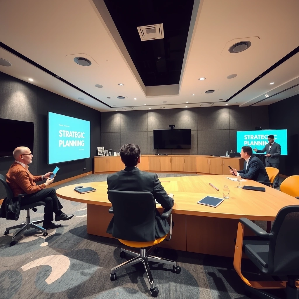 Modern conference room with strategic planning and collaborative workspace