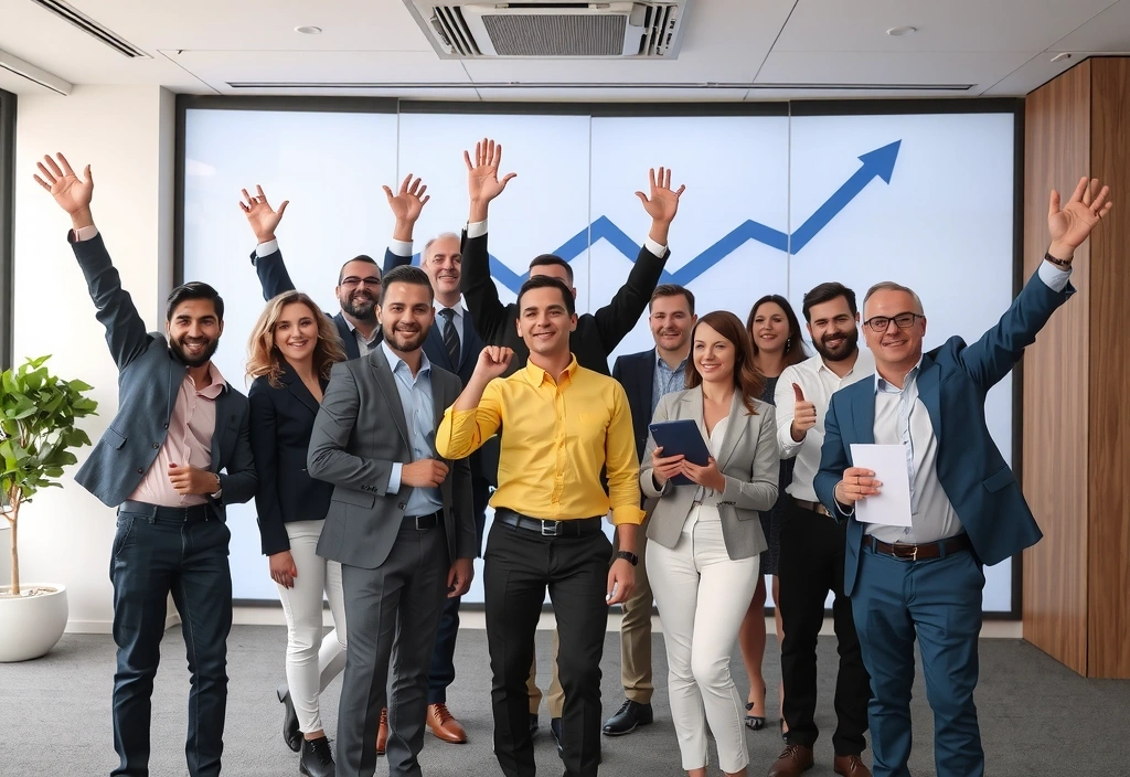 Successful Romanian business team celebrating growth and achievement